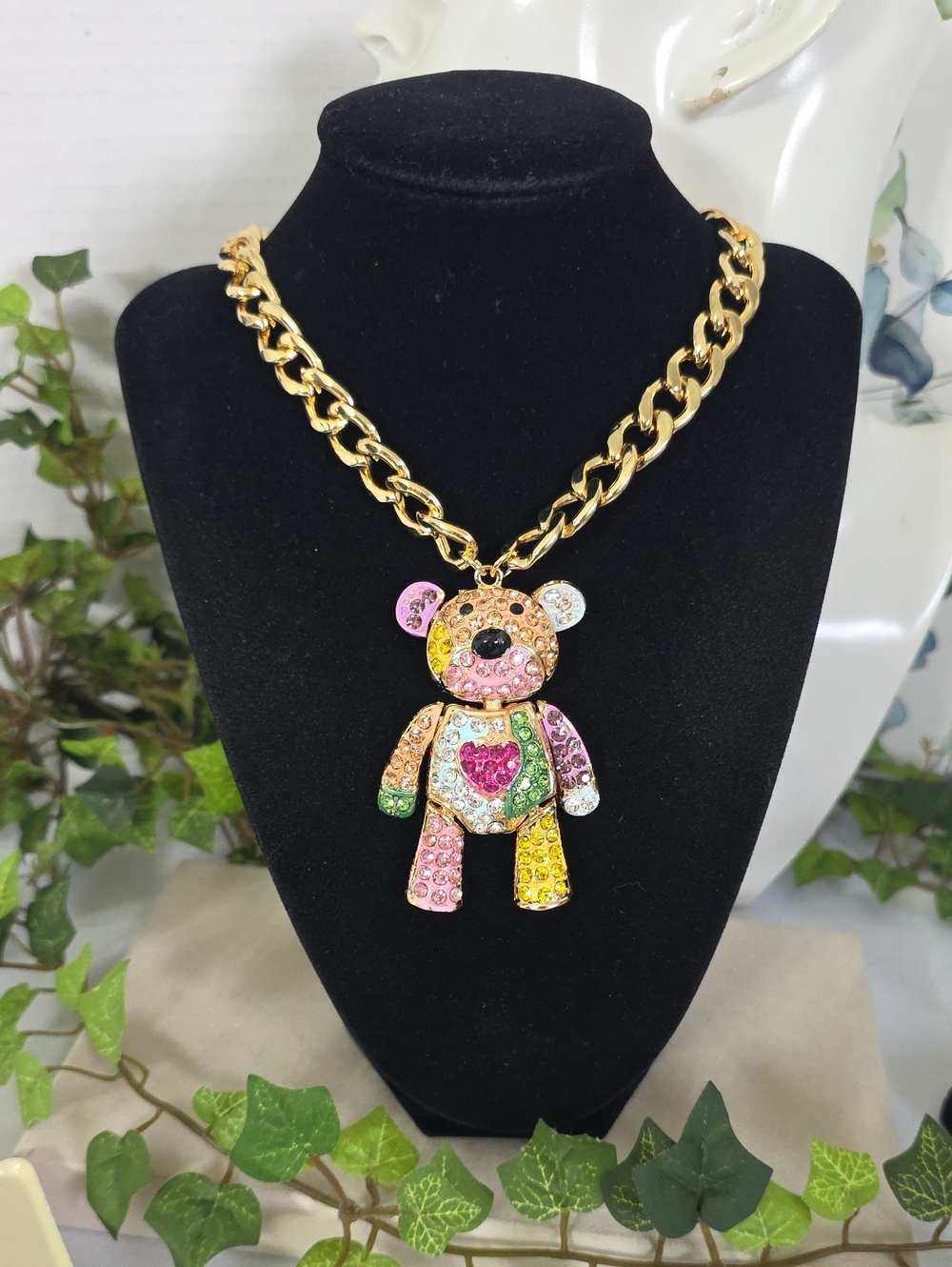 Colorful Rhinestone Teddy Bear Pendant Chunky Gold Link Chain Necklace